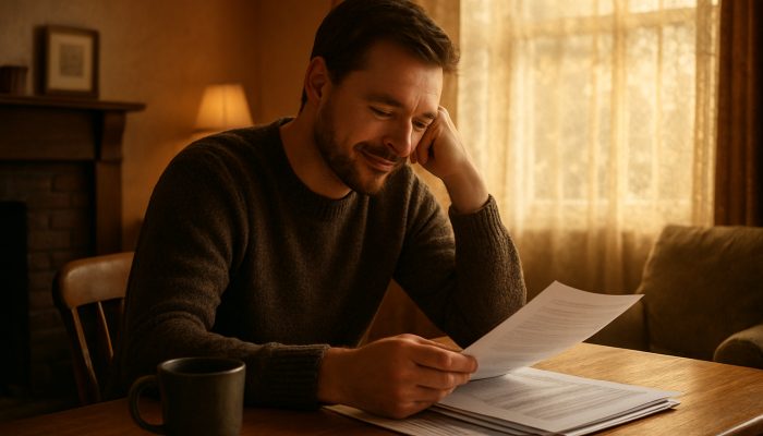 Reflecting on Your Debt Consolidation: Useful UK Guidance | DCL Person reviewing merged debt papers in cozy British living room, showing quiet relief and clarity.