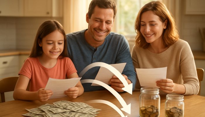 Reflecting on Your Debt Consolidation: Useful UK Guidance | DCL Family consolidating bills into one payment at sunlit kitchen table with savings jars