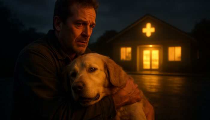 Owner rushing lethargic golden retriever with jaundice to a glowing veterinary clinic at dusk