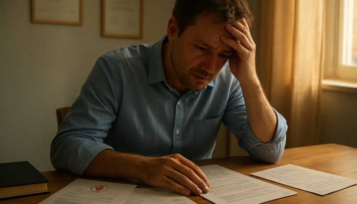 Concerned individual at sunlit desk with medical certificates, bills, and letter requesting creditor relief