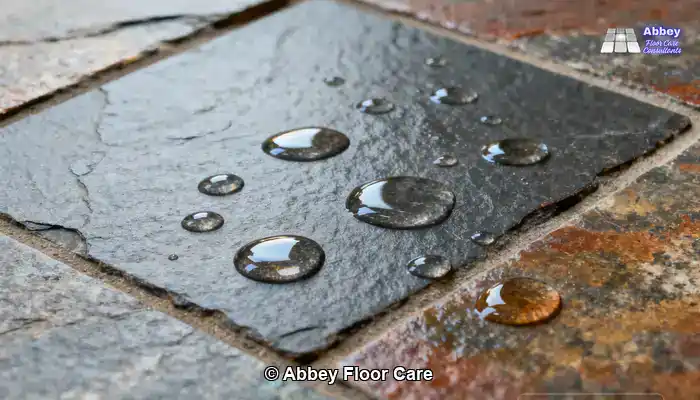Slate floor tiles exhibiting richer colour after a colour-enhancing sealer has bonded with the surface