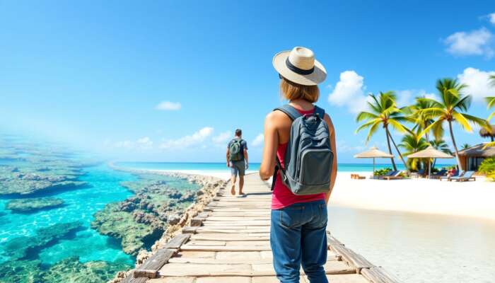 A traveller at a crossroads: one path leading to scuba diving in turquoise waters with coral reefs, the other to yoga on a sun-drenched beach with palm trees.
