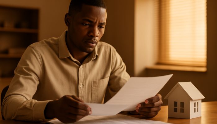 Determined applicant in South Africa examining payslips and contracts for home loan at bank.