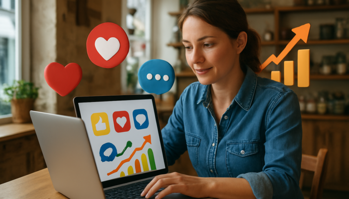 Small business owner in Great Torrington analysing social media engagement metrics on laptop with floating icons