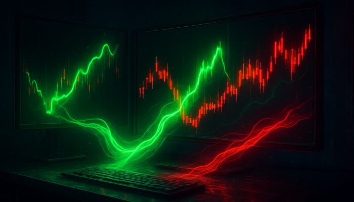 Futuristic trading workspace featuring holographic Chaikin Money Flow charts, green inflows, and red candlesticks