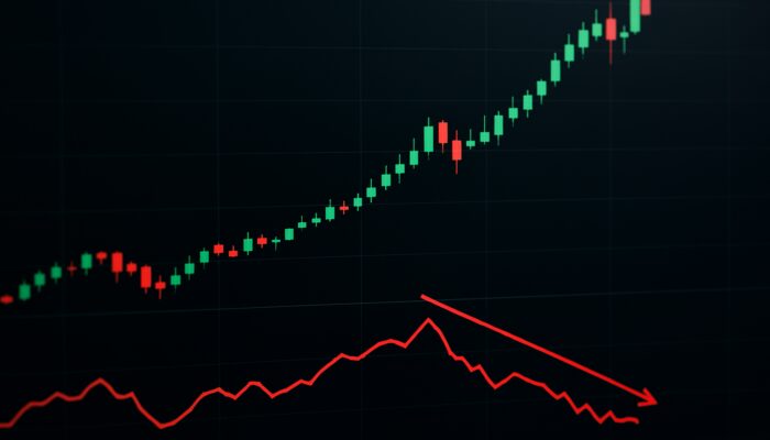 Trading chart displaying rising candlesticks at new highs, diverging downward Chaikin Money Flow, and red trendlines indicating reversal.