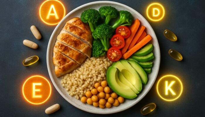 Balanced plate with sections for protein, carbohydrates, and fats alongside supplement capsules and vitamin icons