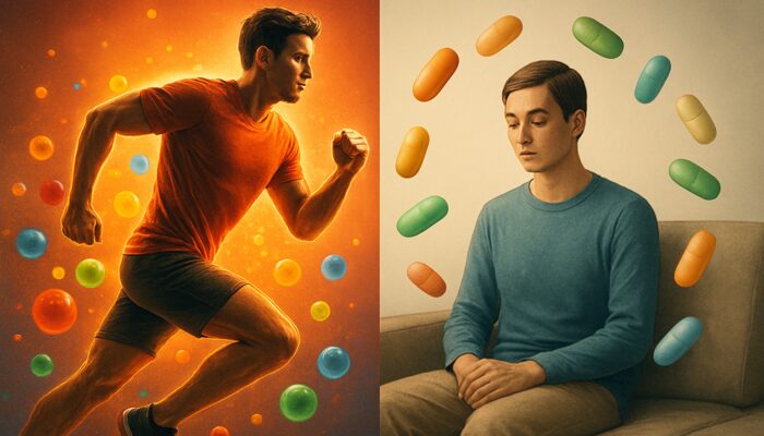 Split illustration of an energetic athlete with antioxidant multivitamins alongside a calm sedentary figure with nutrient capsules.