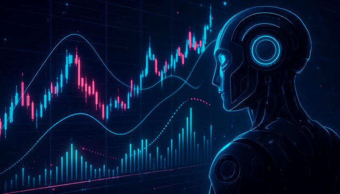 Futuristic cyberpunk AI trading bot analysing neon mean reversion stock charts