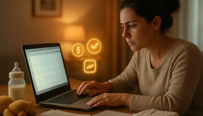 Parent reviewing financial spreadsheets on laptop amid baby essentials and benefit letters at home desk.