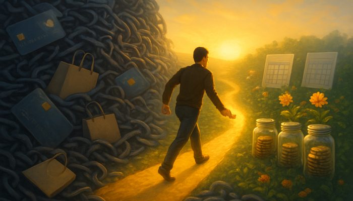 Building New Habits To Avoid Relapse Spending | DCL Individual forging a golden path from credit card chains to a savings garden, building spending habits at sunrise.