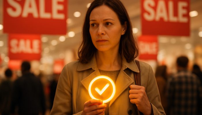 Building New Habits To Avoid Relapse Spending | DCL British shopper pauses in a bustling store clutching a glowing mindful spending reward amid urgency sale signs.