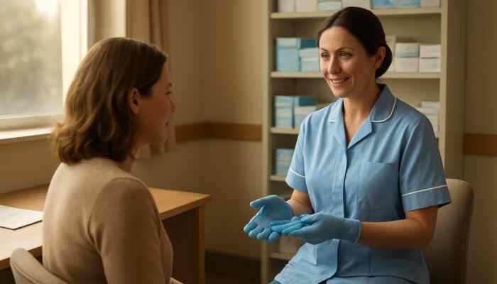 Caring nurse advising patient on sterile gloves in welcoming British GP clinic with NHS shelves.