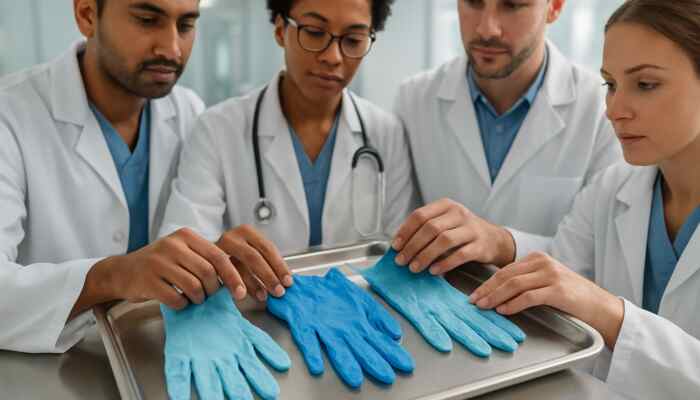 Diverse medical professionals evaluating vibrant sterile nitrile, latex, and vinyl gloves on tray