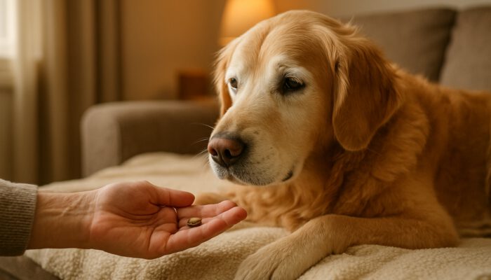 Elderly golden retriever receiving treats from owner on a cosy blanket in a warm home setting.