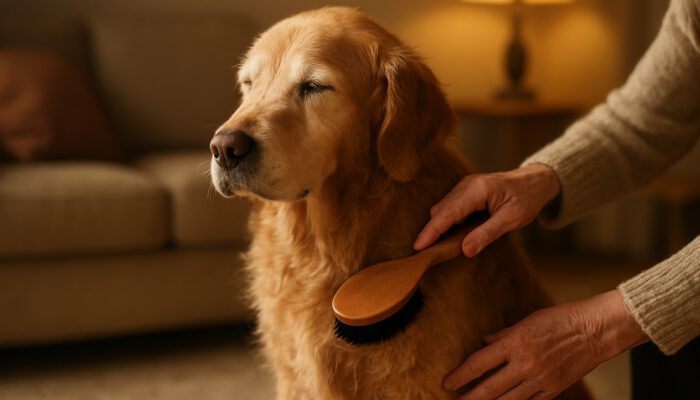 Elderly golden retriever with dry patchy fur gently brushed by owner in a warm home environment