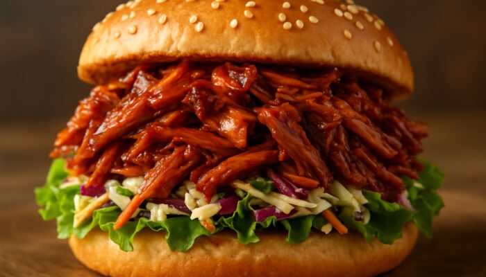 Close-up of BBQ jackfruit pulled pork sandwich on sesame bun with coleslaw