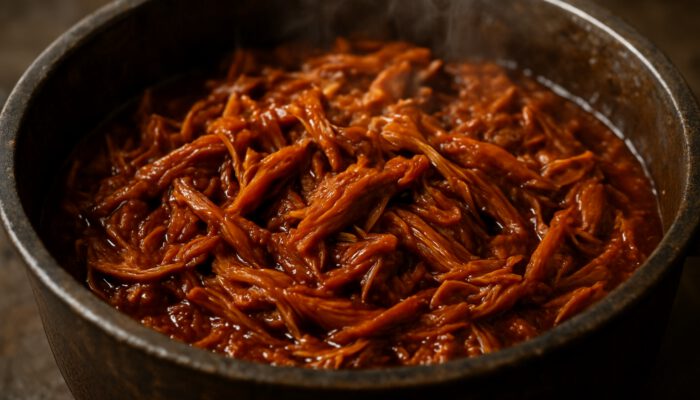 Close-up of tender shredded jackfruit simmering in rustic pot with savory sauce and steam