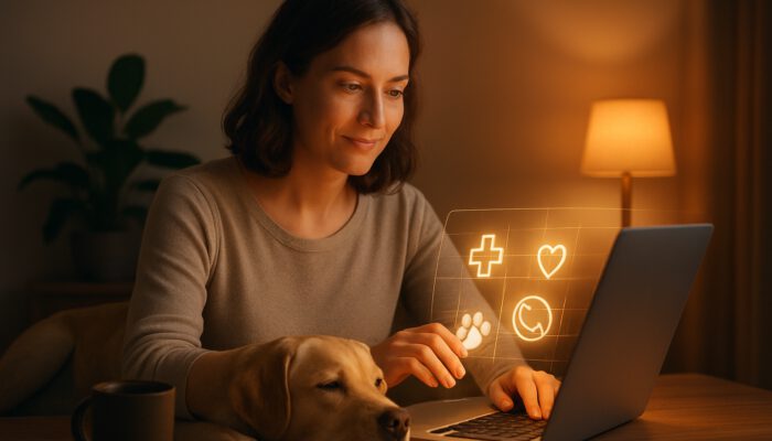 Pet owner organizing glowing vet contact database on laptop with relaxed dog nearby