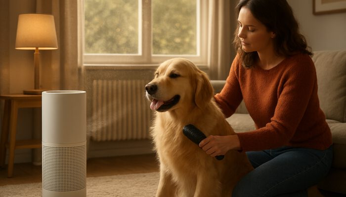 Owner grooming a golden retriever next to an air purifier in a cosy living room with spring pollen outside.