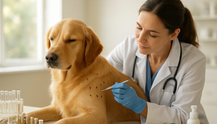 Veterinarian conducting a skin allergy test on a calm golden retriever in a sunlit clinic.