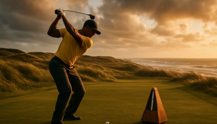 Focused South African golfer mid-swing with a metronome on a breezy coastal fairway during golden hour