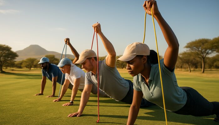Diverse golfers performing planks and resistance band presses on a sunlit South African savanna golf course.