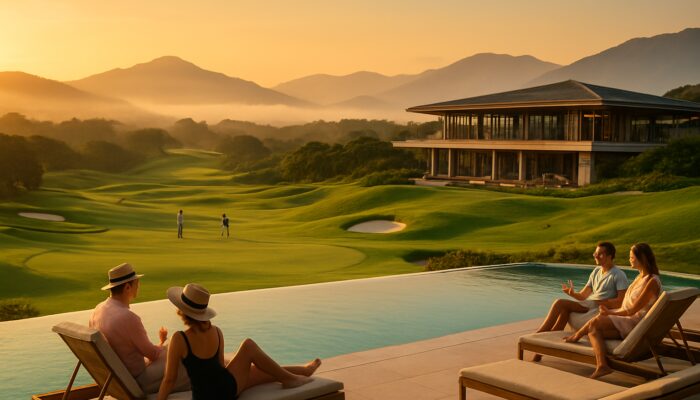 Mount Edgecombe Country Club at golden hour showcasing emerald golf fairways, a modern clubhouse, and guests poolside.
