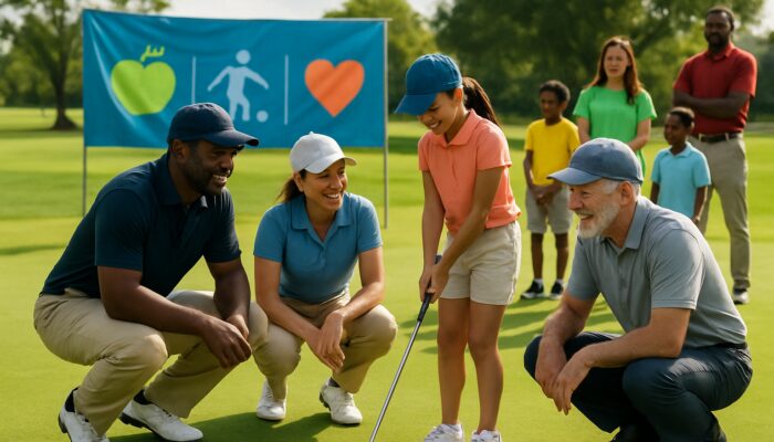 Diverse golfers mentoring youth at a sunny charity golf clinic featuring school banners and volunteers.