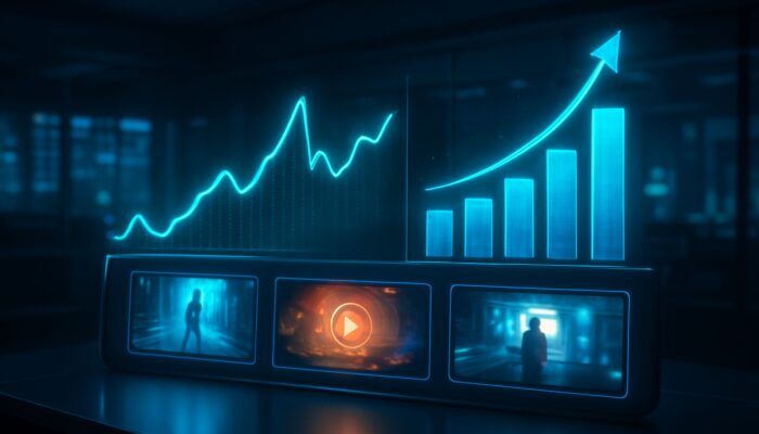 Futuristic dashboard showcasing holographic graphs of real-time video advertisement click-throughs and conversions.