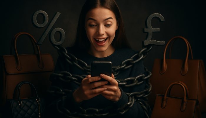 Young UK shopper using BNPL on their phone with luxury bags as debt chains tighten.