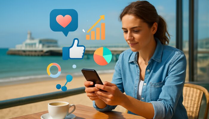 Small business owner crafting social media strategy on smartphone in Bournemouth beach café with charts and sea view