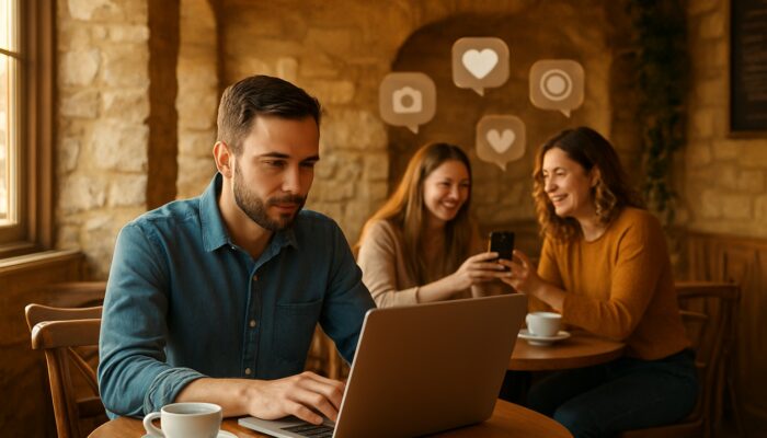 Café owner in Cirencester analysing Instagram posts on a laptop surrounded by happy customers.