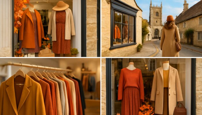 Cirencester boutique displaying seasonal fashion alongside Cotswold landmarks with Instagram overlays.
