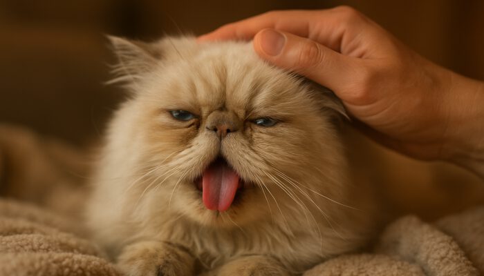 Persian cat panting with laboured breaths, comforted by a hand on a cosy blanket.