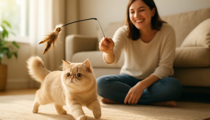 Slim Persian cat chasing a feather toy in a sunlit living room with a smiling owner.