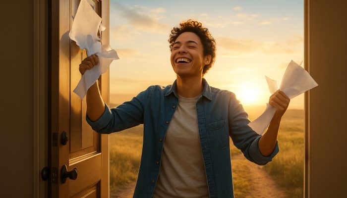 Content person shredding debt bills steps through an open door into a sunlit horizon for new beginnings.