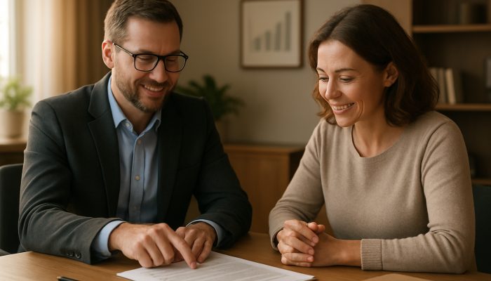 Combine Payday Loans Into One Affordable Package: Save Money Now | DCL UK debt advisor guiding borrower through consolidation documents in serene office with charts