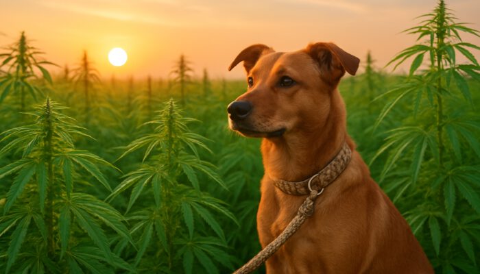 Dog on a hemp leash in a vibrant sunrise hemp field, symbolising sustainable pet products.