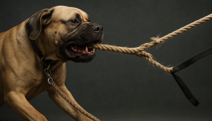 Large dog pulling an unbreakable hemp leash alongside a snapping nylon leash during a tension test.