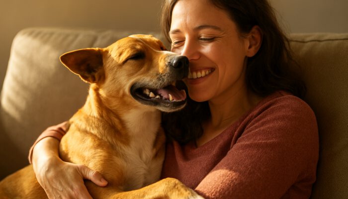Rescue dog nuzzling a smiling owner on a sunlit couch, embodying the love and healing bond formed through adoption