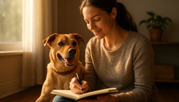 Individual journaling beside a loving rescue dog in a sunlit home, radiating joy and calm.