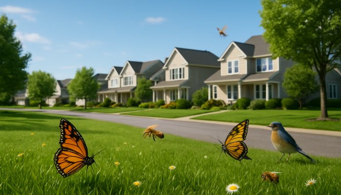 A charming Ilchester neighbourhood showcasing vibrant lawns, butterflies, bees, and songbirds under clear skies.