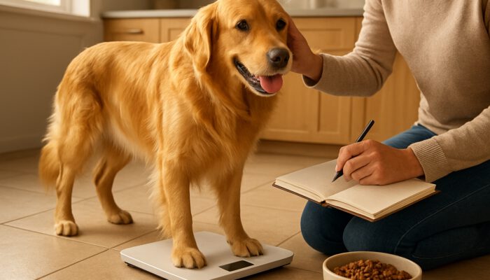 Owner weighing energetic golden retriever on a scale while checking its coat in a sunlit kitchen