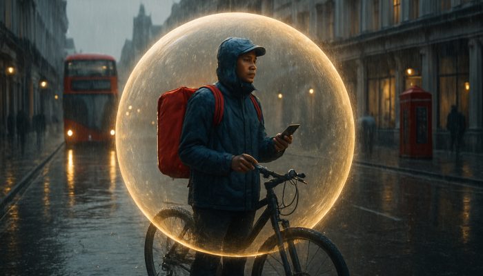 Flexible Repayment Ideas for Gig Workers: Tailored UK Plans | DCL Gig worker sheltered in glowing bubble on rainy London street, symbolising Breathing Space debt relief