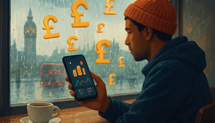 Flexible Repayment Ideas for Gig Workers: Tailored UK Plans | DCL Gig worker views Monzo app income forecasts in rainy London cafe illustration with pound icons