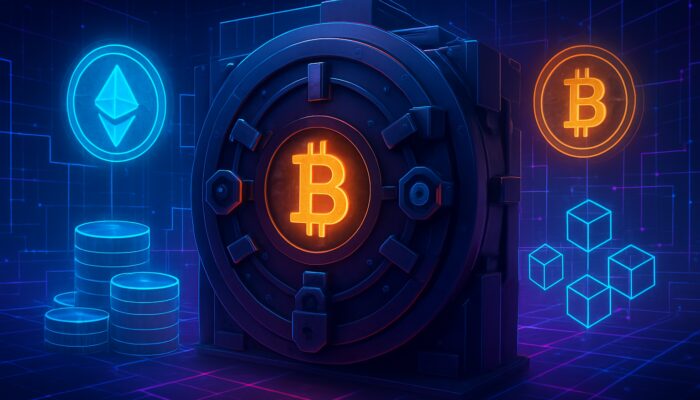 Neon cyber vault protecting glowing crypto assets with multi-signature locks and audit seals.