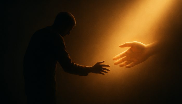Figure emerging from shadows reaching for glowing supportive hands, symbolising the choice to seek support.