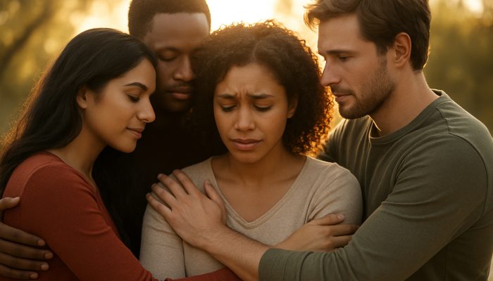 Diverse friends embracing in a sunlit circle, with one sharing vulnerably while others listen with empathy.