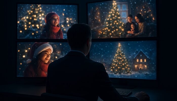 Strategist analysing competitors' festive holiday video campaigns and metrics on glowing screens in dark room.